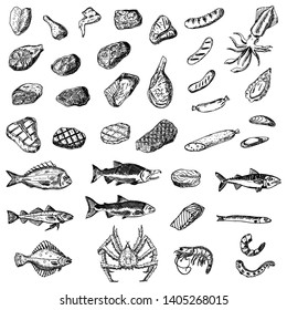 Set of meat, sausages and seafood. Vector cartoon illustrations. Isolated objects on a white background. Hand-drawn style.