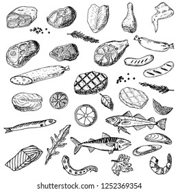 Set of meat and sea food. Vector cartoon illustrations. Isolated objects on a white background. Hand-drawn style.