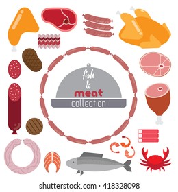 Set of meat and seafood. It contains beef, steak, ham, sausage, crab, fish, shrimp, protein