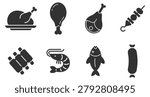 set of meat and seafood icons including chicken, drumstick, ham, skewer, ribs, shrimp, fish, and sausage on transparent background