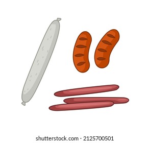 Set of meat smoked and boiled sausages and frankfurters. Vector illustration in cartoon childish style. Isolated funny clipart on white background. cute print