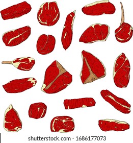 Set of meat steaks. Vector cartoon illustrations. Isolated objects on a white background. Hand-drawn style.