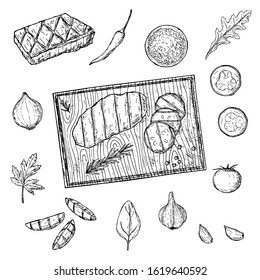 Set of meat steaks and vegetables. Vector cartoon illustration. Isolated objects on a white background. Hand-drawn style. Top view.