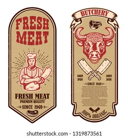 Set of meat store, butcher shop flyers. Design element for logo, label, sign, banner, poster. Vector illustration