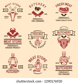 Set of meat store, butchery emblems. Design element for logo, label, sign, poster, banner. Vector illustration