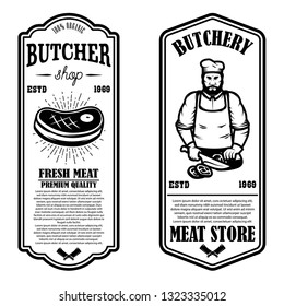 Set of meat store flyers. Design element for banner, logo, sign, poster, flyer. Vector illustration