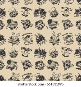 Set of meat store, fresh meat labels seamless pattern. Design element for poster, wrapping paper. Vector illustration