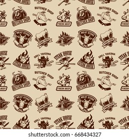 Set of meat store, fresh meat labels seamless pattern. Design element for poster, wrapping paper. Vector illustration