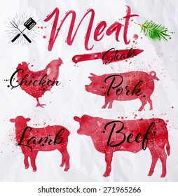 Set of meat symbols, beef, pork, chicken, lamb hand-drawing silhouettes of animals in red on crumpled paper in vintage style.