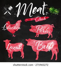Set of meat symbols, beef, pork, chicken, lamb hand-drawing silhouettes of animals in red chalk on blackboard.