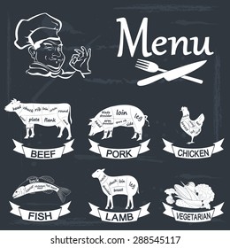 Set Of Meat Symbols, Beef, Pork, Chicken, Lamb,fish,vegetables. Vector Illustration