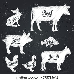 Set of meat symbols, beef, pork, chicken, lamb, duck, rabbit. Hand-drawing silhouettes of animals in chalk on blackboard. Vintage graphic element on the menu