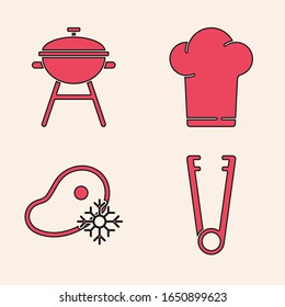 Set Meat tongs, Barbecue grill, Chef hat and Fresh frozen steak meat icon. Vector