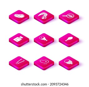 Set Meat tongs, Fresh frozen steak meat, Sauce bottle, Chicken leg, Salami sausage, Steak in frying pan and Grilled fish and fire flame icon. Vector