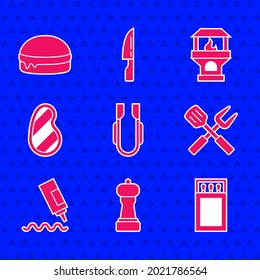 Set Meat tongs, Pepper, Matchbox and matches, Crossed fork spatula, Sauce bottle, Steak meat, Brick stove and Burger icon. Vector