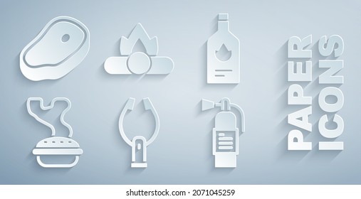 Set Meat tongs, Tabasco sauce, Homemade pie, Fire extinguisher, Campfire and Steak meat icon. Vector