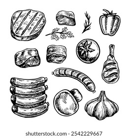 A set of meat and vegetables for barbecue and picnic. Vector graphics with images of fried meat and vegetables of various types. Black and white hand-drawn illustration. On a white background.
