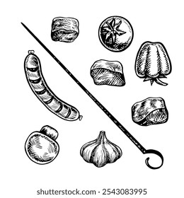 A set of meat and vegetables for barbecue and picnic. Vector graphics with images of fried meat and vegetables. Black and white hand-drawn illustration. On a white background.