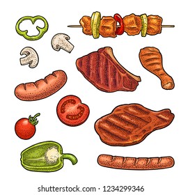 Set meat and vegetables BBQ. Mushroom, tomato, pepper, onion, kebab, sausage, chicken leg, beef steak. Vintage black and color vector engraving illustration. Isolated on white background