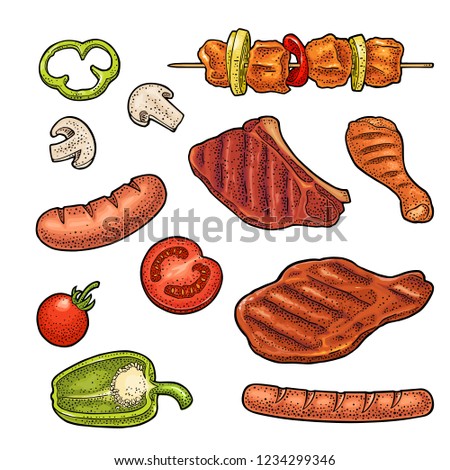 Set meat and vegetables BBQ. Mushroom, tomato, pepper, onion, kebab, sausage, chicken leg, beef steak. Vintage black and color vector engraving illustration. Isolated on white background