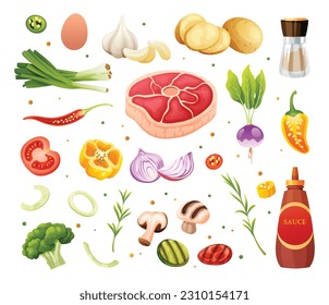Set of meat, vegetables and herbs illustration. Healthy food ingredients vector cartoon
