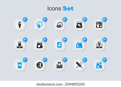 Set Meatballs on wooden stick, Online ordering meal, Round the clock delivery, Coffee cup to go, food, Ice cream waffle and Soda can icon. Vector