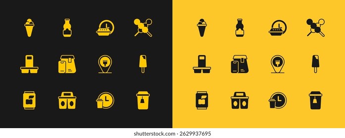 Set Meatballs on wooden stick, Coffee cup to go, Cafe and restaurant location, Round the clock delivery, Online ordering food, Ice cream waffle and Sauce bottle icon. Vector