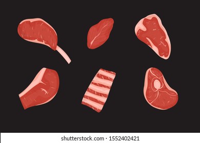 Set of meats cuts with fat. Vector Illustration. Black background.