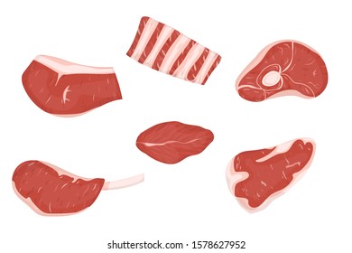 Set of meats cuts with fat. Vector Illustration. White background.