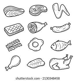 Set of meats doodle illustration isolated on white background. Meat doodle icon 