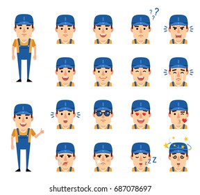 Set of mechanic character emoticons showing various facial expressions. Happy, sad, angry, surprised, dazed, in love and other emotions. Simple vector illustration