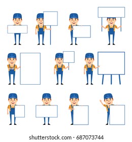 Set of mechanic characters posing with various blank banners. Funny mechanic holding paper, signboard, placard, pointing to whiteboard. Simple vector illustration