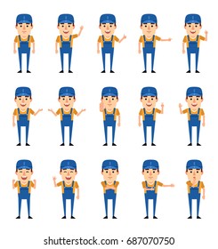 Set of mechanic characters showing various hand gestures. Funny mechanic pointing, greeting, showing thumb up and other gestures. Simple vector illustration
