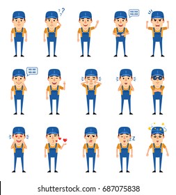 Set of mechanic characters showing various emotions. Funny mechanic laughing, crying, angry, surprised and showing other emotions. Simple vector illustration