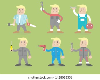 set of mechanic handyman plumber worker funny character design for industry construction repair fixing job