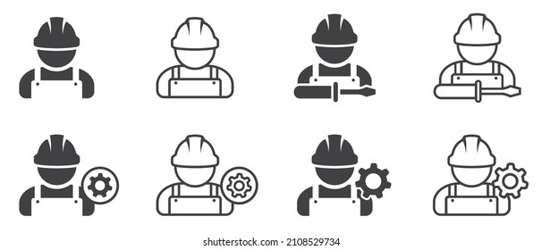 Set of mechanic icon. Male worker person, avatar with hat and work overalls.
