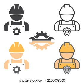 Set of mechanic icon. Male worker person, avatar with hat and work overalls. Mechanical engineer icon. Vector.