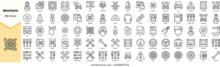 Conjunto de iconos mecánicos. Paquete de iconos de estilo de arte de línea simple. Ilustración de vector