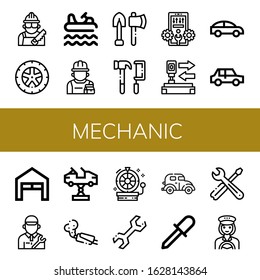 Set of mechanic icons. Such as Carpenter, Wheel, Bumper, Repairman, Tools, Configuration, Auto, Car, Garage, Mechanic, Muffler, Wrench, Screwdriver, Taxi driver , mechanic icons