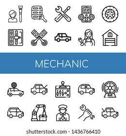 Set of mechanic icons such as Tool, Shift stick, Maintenance, Pistons, Tools, Car, Configuration, Mechanic, Wheel, Garage, Robotic arm, Lever, Taxi driver, Wrench , mechanic