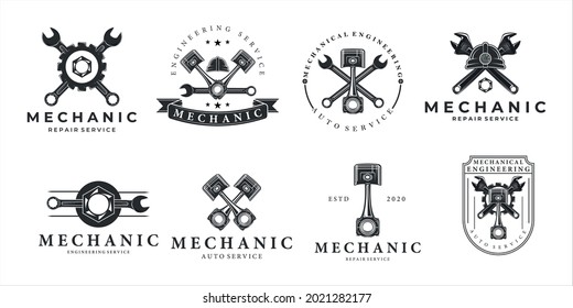 set of mechanic logo vintage illustration template icon design. bundle collection of various piston helmet wrench engineering concept for industrial logo emblem label