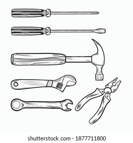 Satz von Illustrationen mit mechanischen Werkzeugen