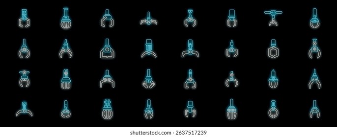 Set of mechanical claws manipulating objects in production process, glowing neon style