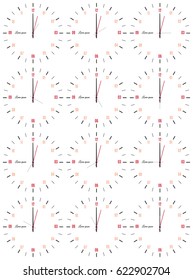 A set of mechanical clocks with an image of each of the twelve hours. Clock face on white background.