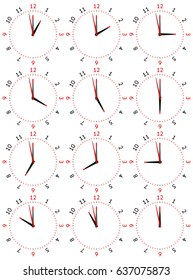 A set of mechanical clocks with an image of each of the twelve hours. Clock face on white background.
