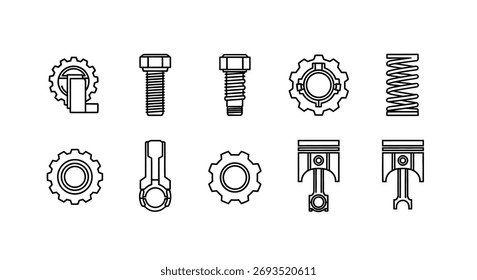 Conjunto de componentes mecânicos engrenagens parafusos molas pistões e barras de ligação desenhado à mão vetor estilo