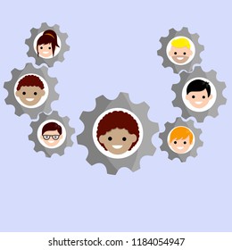 Set of mechanical gears with avatars of people. Woman in the foreground in the center. Teamwork and leadership. Serviceable mechanism - office staff. The heads of different men and women
