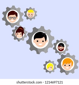 Set of mechanical gears with people's faces. Teamwork. Leadership role of men.
