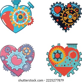 Set of Mechanical heart Illustration. Mechanical heart in steampunk style. Grayscale retro vector illustration