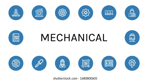 Set of mechanical icons. Such as Engineer, Gear, Conveyor, Screwdriver, Tool, Alarm clock, Blueprint, Claw machine , mechanical icons